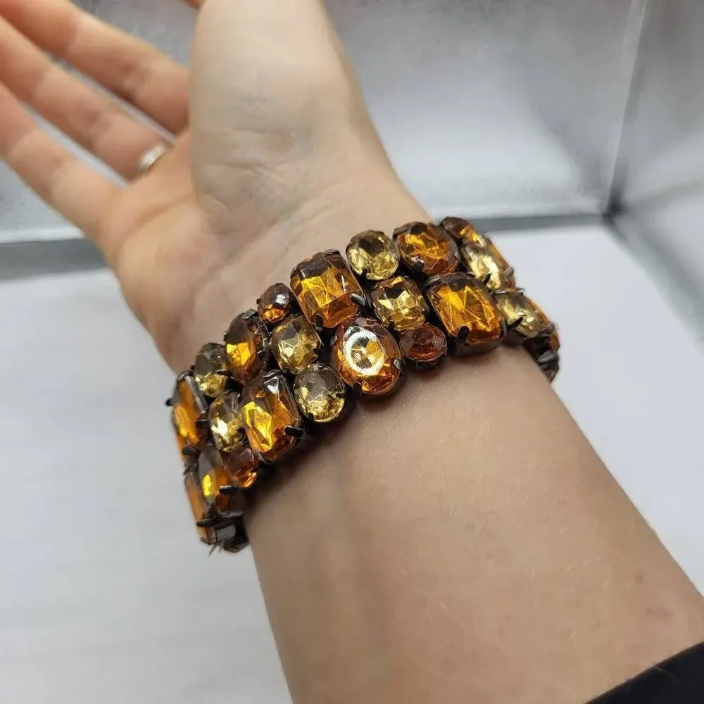Chunky Topaz Colored Prong Set Stretchy Wide Bangle Bracelet